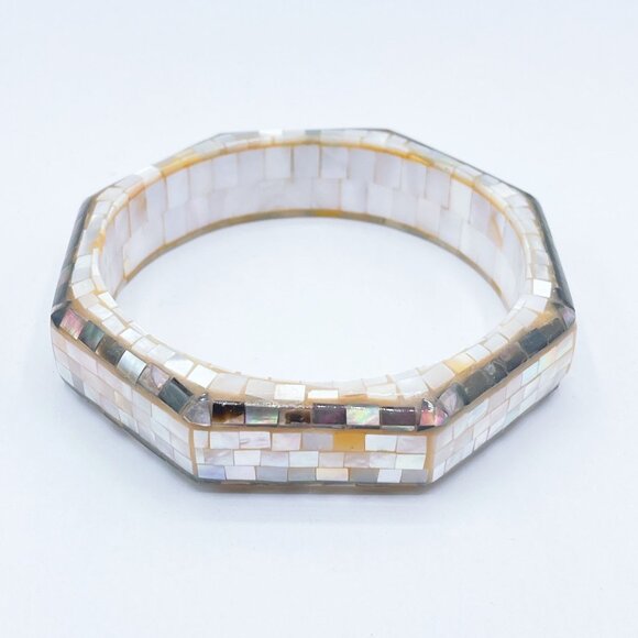 Mother-Of-Pearl Mosaic Octagon Bangle Bracelet Iridescent Accents Glossy Finish - Picture 1 of 6